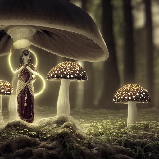 Image similar to mushroom goddess with group of elders in a ceremony for plant medicine, beautiful, hiroya oku, yoshitaka amano, chris cunningham, black and white, beautiful lighting, cinematic still, quantum gravity 3 d render, 8 k