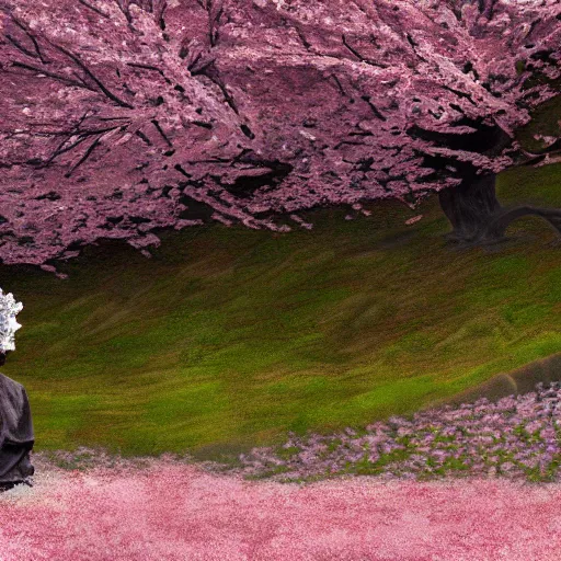 Prompt: A lone samurai sitting on a hill surrounded by cherry blossom trees, photorealism, concept art, HD —H 1024
