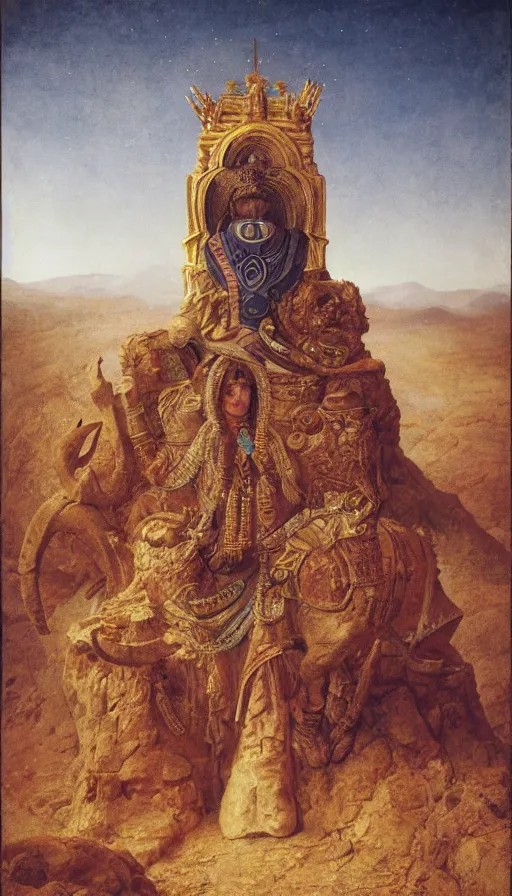 Image similar to the emperor with the head of a ram wearing full body armor, at the top of a barren mountain, golden taurus, mars energy, ankh, wisdom, full body shot, sitting on a stone throne, agostino arrivabene