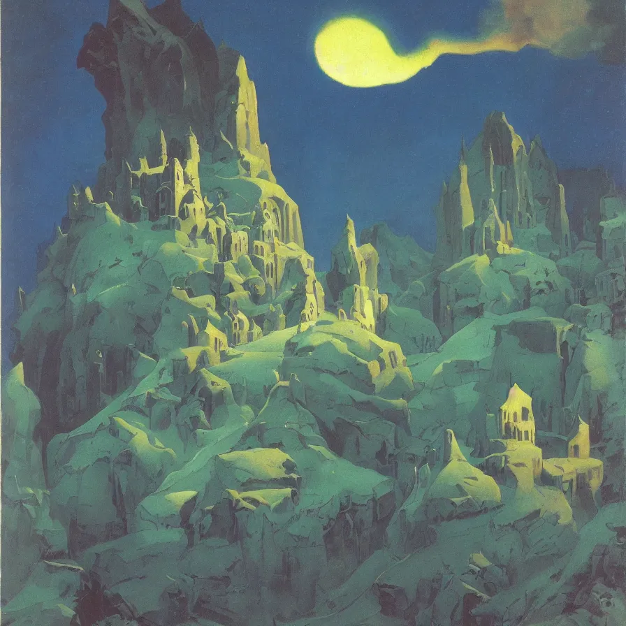 Image similar to a detailed oil painting of dungeon at night, by nicholas roerich, by frank frazetta, by hans emmenegger, by bruce pennington, by eyvind earle, moisture, grainy, highly detailed, realistic, outline, line,