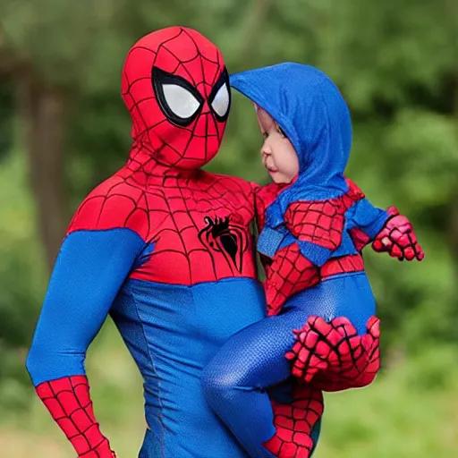 Prompt: realistic photo of baby wearing spiderman costumes