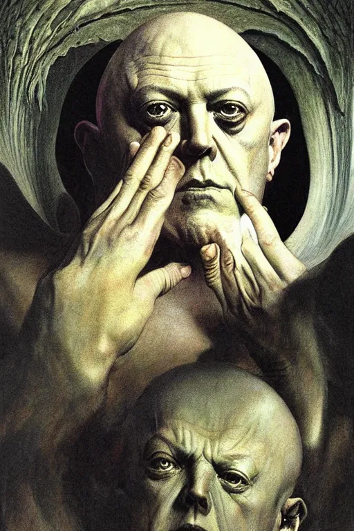 Prompt: a occut art portrait of aleister crowley by wayne barlowe, gustav moreau, goward,  Gaston Bussiere and roberto ferri, santiago caruso, and austin osman spare