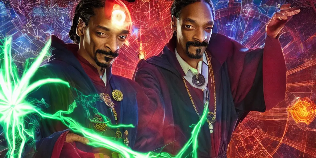 Image similar to snoop dogg as the doctor strange, marijuana leaves, green light, highly detailed, marvel cinematic universe, mcu, photo