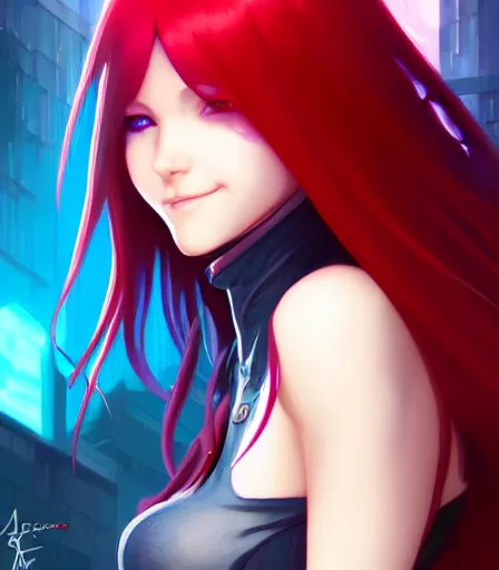 Prompt: cyberpunk anime young girl with vibrant red hair, hourglass slim figure, blue eyes, dungeons and dragons portrait, lovely smile, highly detailed, digital painting, artstation, concept art, sharp focus, illustration, art by artgerm and greg rutkowski and alphonse mucha