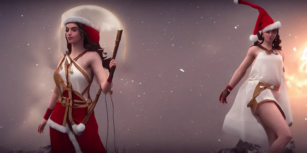 Image similar to greek moon goddess diana wearing a santa hat, digital art, unreal engine, 3 d render, cinematic lighting