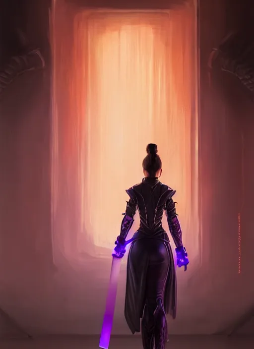 Image similar to portrait, back shot, looking away from viewer, woman with long black ponytail, wearing sci - fi leather armor, glowing purple katana, intricate, elegant, glowing lights, highly detailed, digital painting, artstation, concept art, smooth, sharp focus, illustration, art by wlop, mars ravelo and greg rutkowski