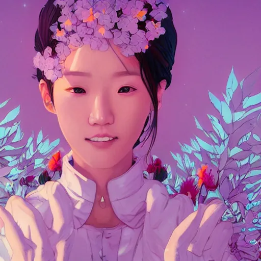 Image similar to portrait of a kpop star, smiling with flowers in hands. sharp focus, cinematic pose, cinematic lighting, unreal engine render. art by josan gonzales and moebius and deathburger.