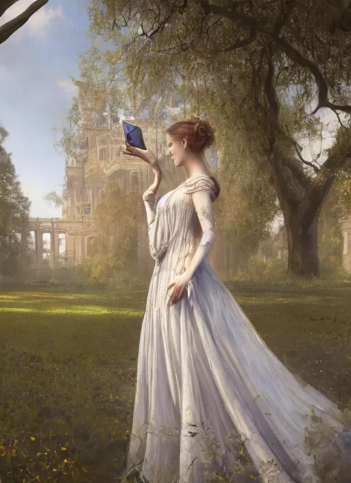 Prompt: upper body portrait of a beautiful maiden in an expensive victorian dress holding taking a selfie in a royal garden, award winning, masterpiece digital painting by greg rutkowski, alex grey, artstation, 4 k wallpaper,