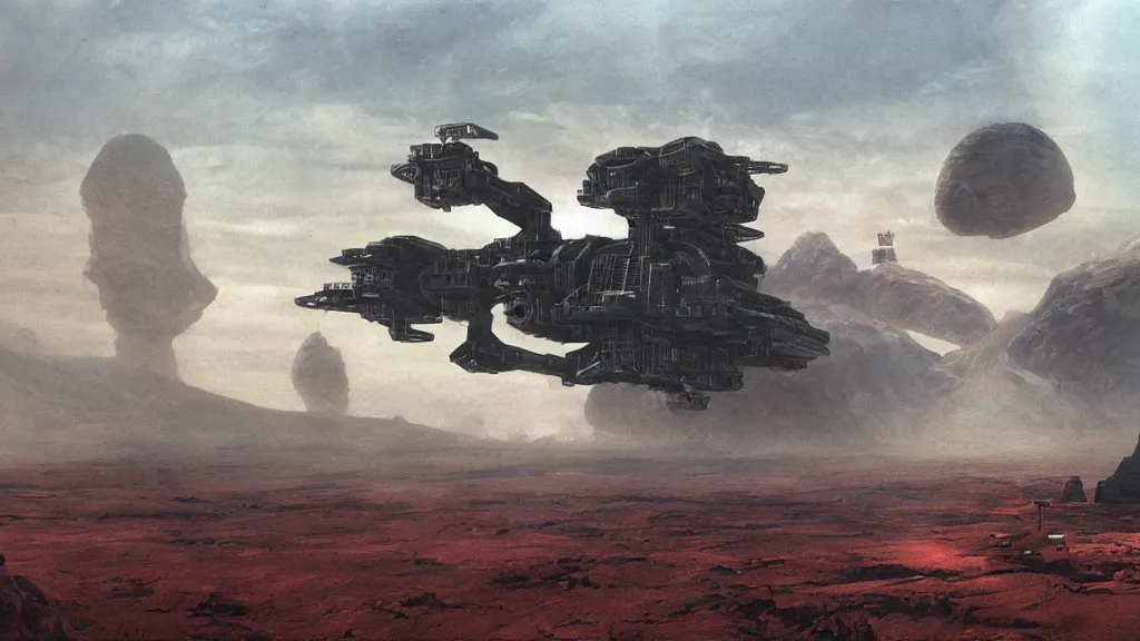 Image similar to small organic dropship lander by john schoenherr and jim burns, epic cinematic matte painting