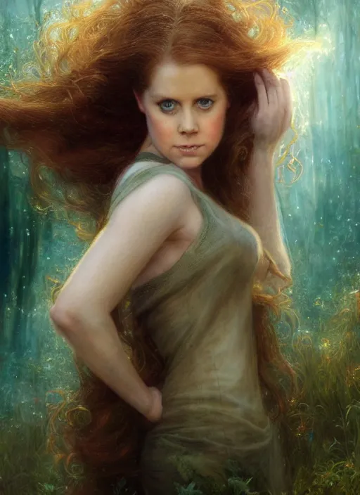 Image similar to Amy Adams staring into the camera, misty wisps, fireflies, Lilia Alvarado, Sophie Anderson, Mark Arian, Bob Byerley, Charlie Bowater, Mark Brooks, Steve Henderson, Justin Gerard, Arthur Hughes, Edward Robert Hughes, Mark Keathley, Victor Nizovtsev, Carlos Shwabe, Ross Tran, WLOP