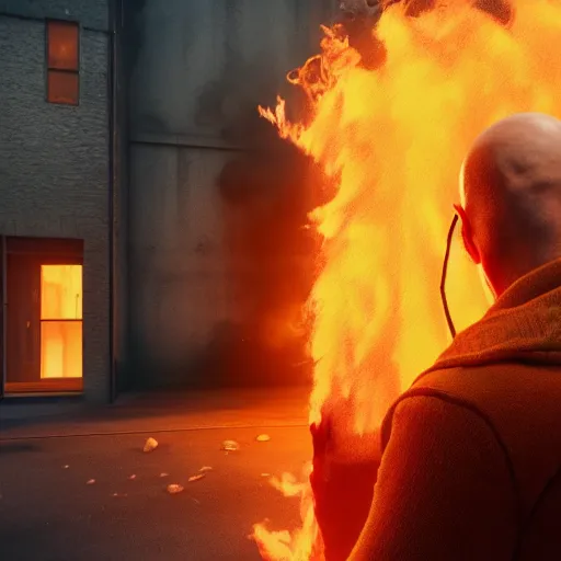 Image similar to an artstation trending portrait painting of a bald english man standing in front of a building on fire, octane render