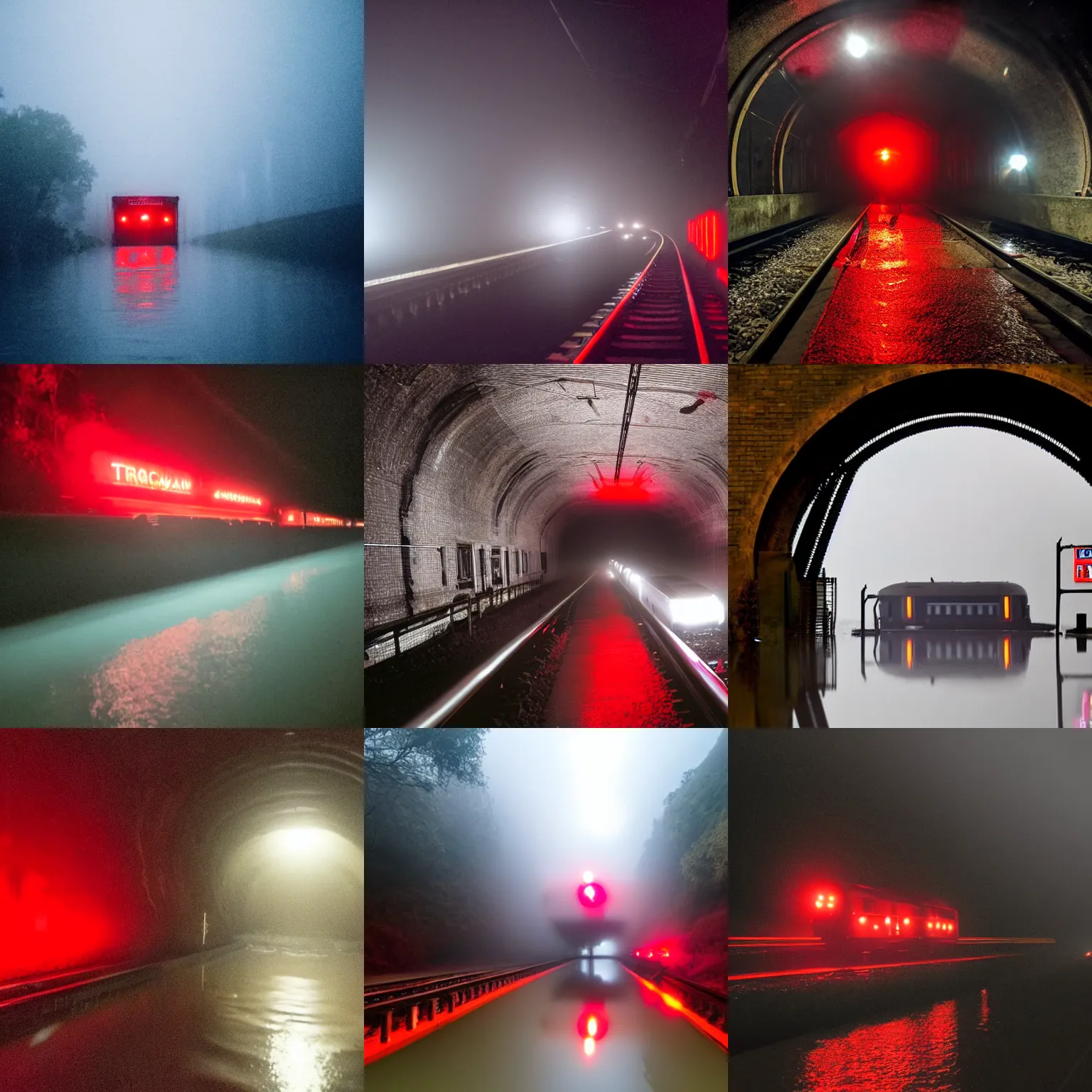 Prompt: A train approaching a flooded railway tunnel displaying red warning lights on a foggy night, horror movie still