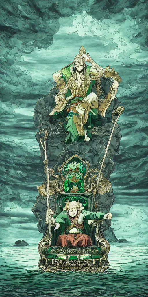 Image similar to a lone emperor sitting on a emerald throne floating on water in the middle of a lake drawn by Makoto Yukimura in the style of Vinland saga anime, full color, detailed, psychedelic, Authority, structure, a father figure, tarot card