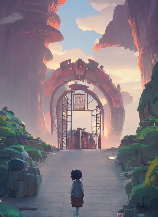 Prompt: warm canyon with giant gate entrance, nuclear powered, detailed, futuristic, cory loftis, james gilleard, atey ghailan, makoto shinkai, goro fujita, studio ghibli, rim light, exquisite lighting, clear focus, very coherent, plain background