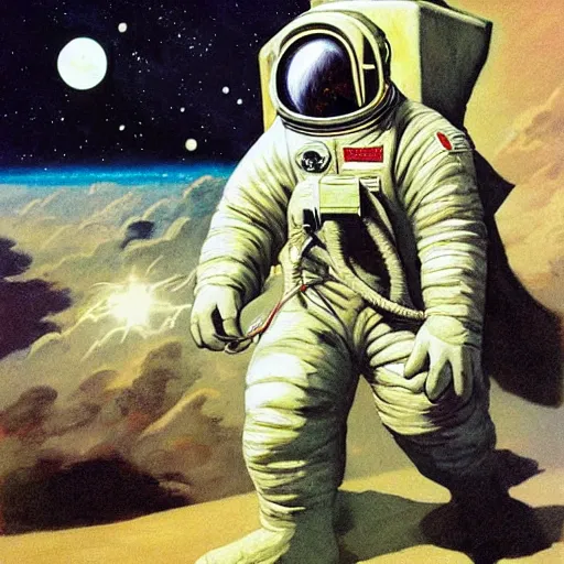 Image similar to astronaut playing keyboard by frank frazetta, digital painting, digital art