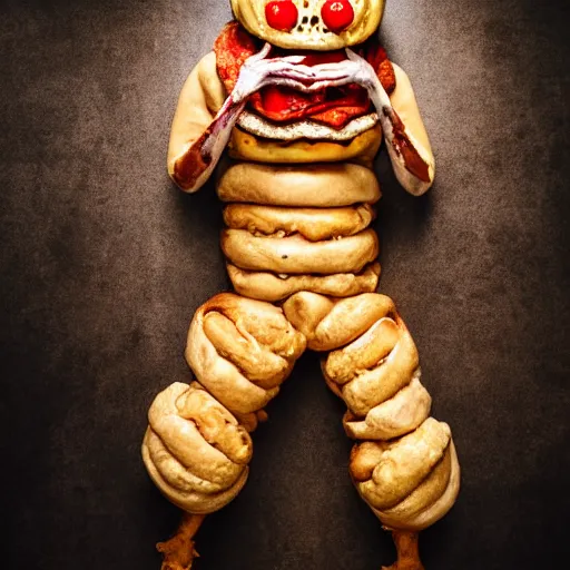 Image similar to a humanoid bipedal upright zombie that strongly resembles a hamburger, professional food photography