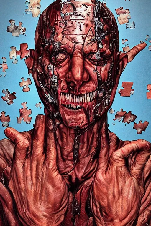 Prompt: portrait of a man with a bloody face. his face like a jigsaw puzzle. art by glenn fabry.