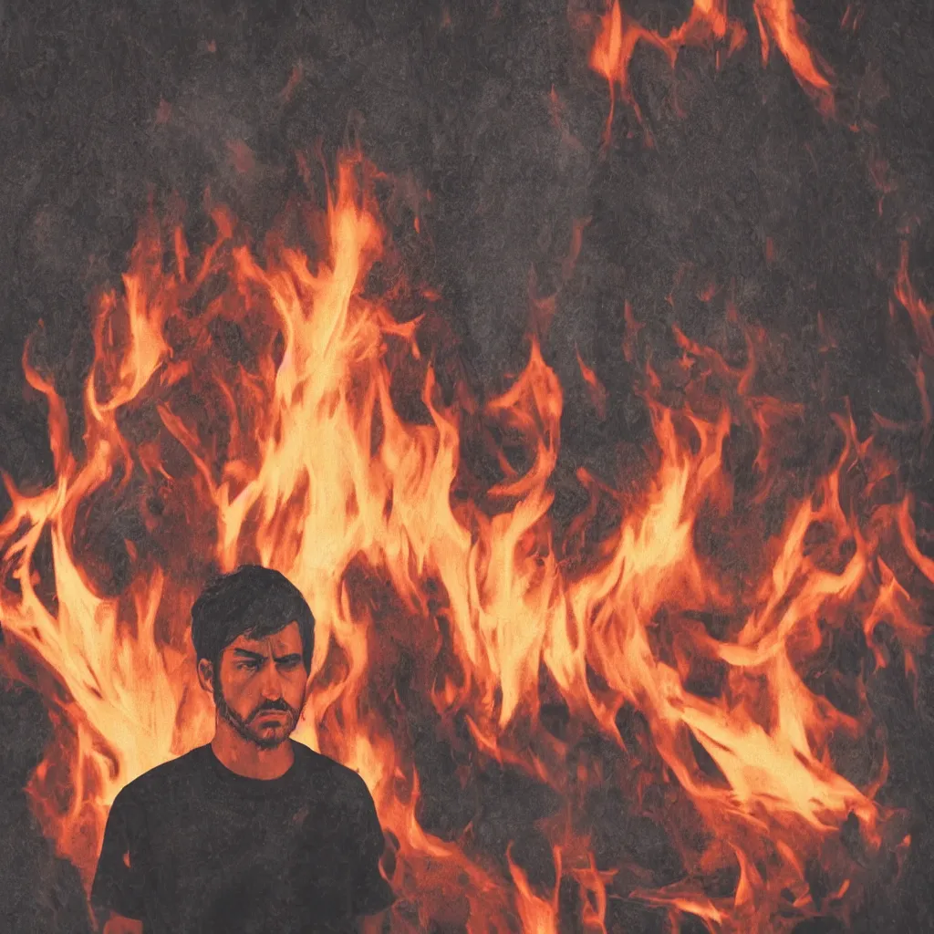 Prompt: portrait of a young man, black hair with white stripe in middle, angry, surrounded by fire in a forest, red cardinal on his shoulder, 4 k,