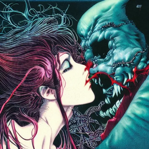 Image similar to closeup of vampire kiss, wax, by yoichi hatakenaka, masamune shirow, josan gonzales and dan mumford, ayami kojima, takato yamamoto, karol bak