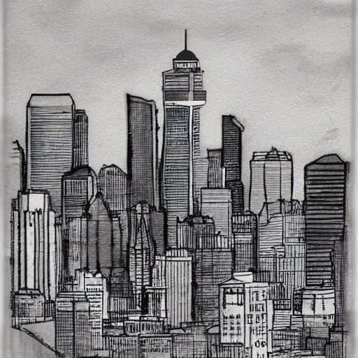 Prompt: Downtown Seattle at sunrise. detailed ink wash