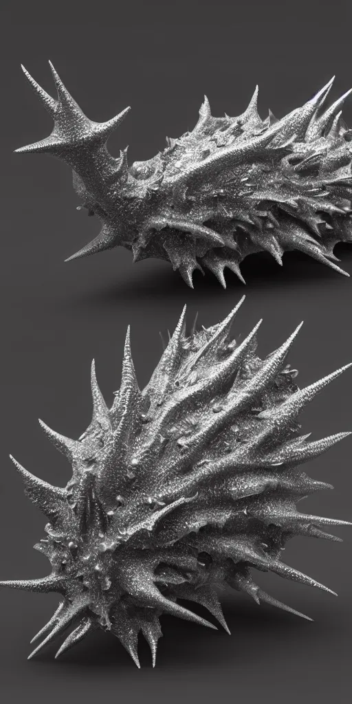 Prompt: a photorealistic render of a metallic spiky neotribal sea slug, greyscale, made of melted plastic and marble, c 4 d, by zhelong xu and ernst haeckel, wide angle, hyper realistic, plain black background, 8 k, volumetric lightning, octane render