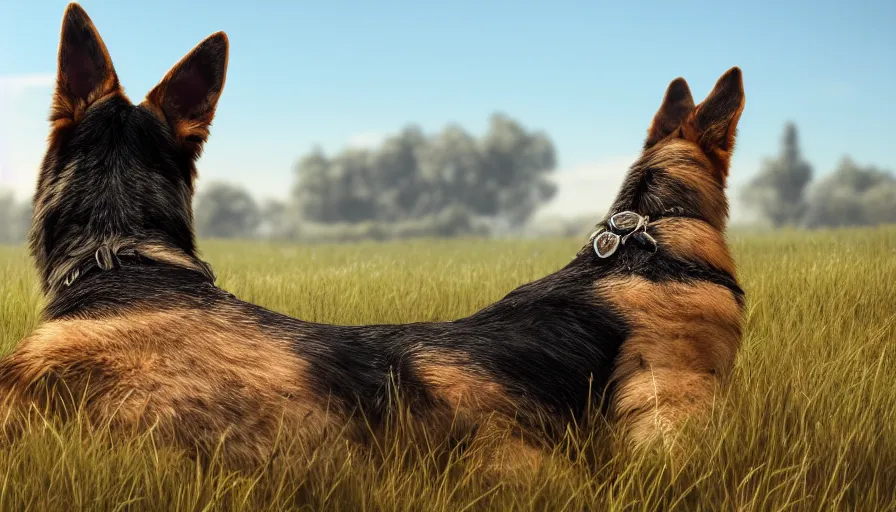 Prompt: back view of german shepherd watching the sun sitting on the hill, hyperdetailed, artstation, cgsociety, 8 k