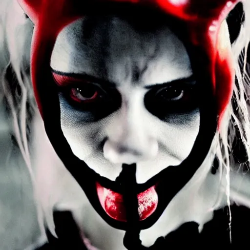 Prompt: Brittany Murphy as Harley Quinn, dark eerie pic, photo taken by ghost adventures