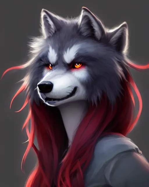 Image similar to character concept art of a dark grey anthropomorphic furry wolf with long red hair | | cute - fine - face, pretty face, key visual, realistic shaded perfect face, fine details by stanley artgerm lau, wlop, rossdraws, james jean, andrei riabovitchev, marc simonetti, and sakimichan, artstation