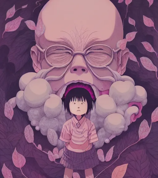 Prompt: portrait, nightmare anomalies, leaves with spirited away by miyazaki, violet and pink and white palette, illustration, kenneth blom, mental alchemy, james jean, pablo amaringo, naudline pierre, contemporary art, hyper detailed