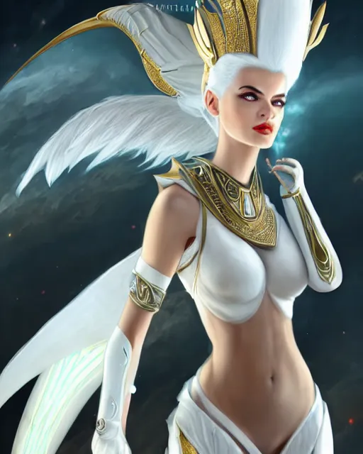 Prompt: attractive white haired egyptian queen wearing white dove wings, warframe armor, regal, attractive, ornate, sultry, sexy, beautiful, elize theron, pretty face, green eyes, scifi platform, 4 k, ultra realistic, epic lighting, illuminated, cinematic, masterpiece, art by akihito tsukushi, voidstar, artgerm