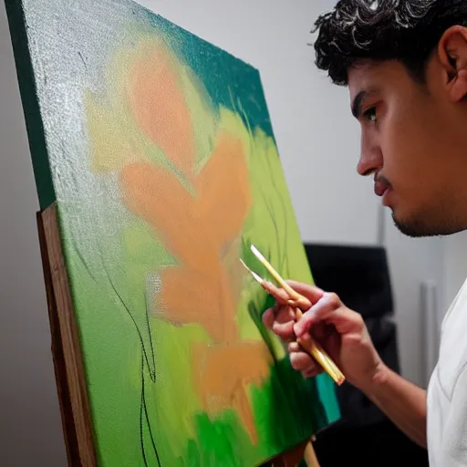 Image similar to A young male Latino artist painting a plain green picture on canvas