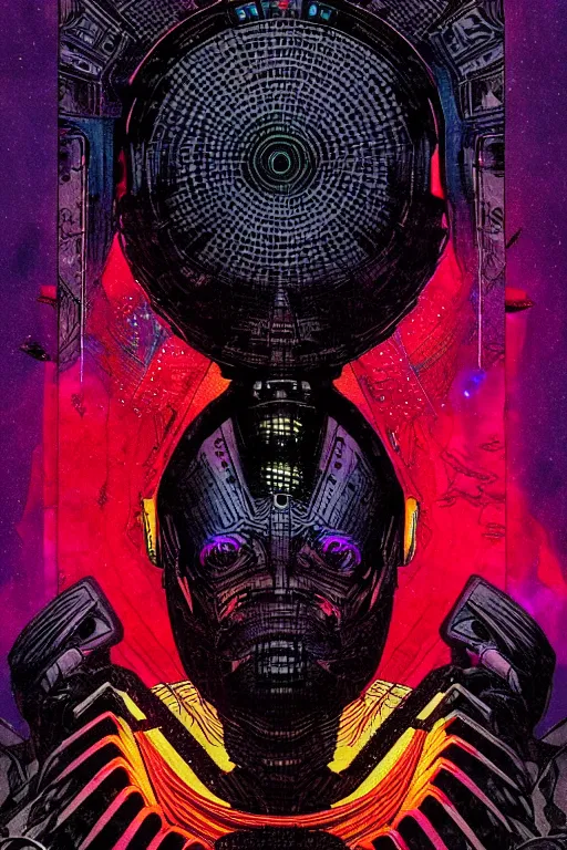 Prompt: portrait of black and psychedelic grainshading tarot card print of the explosive cotton, wayne barlowe, cyberpunk comic cover art, very intricate, thick outline, symmetrical, in a shapes background, galactic dark colors, octane render