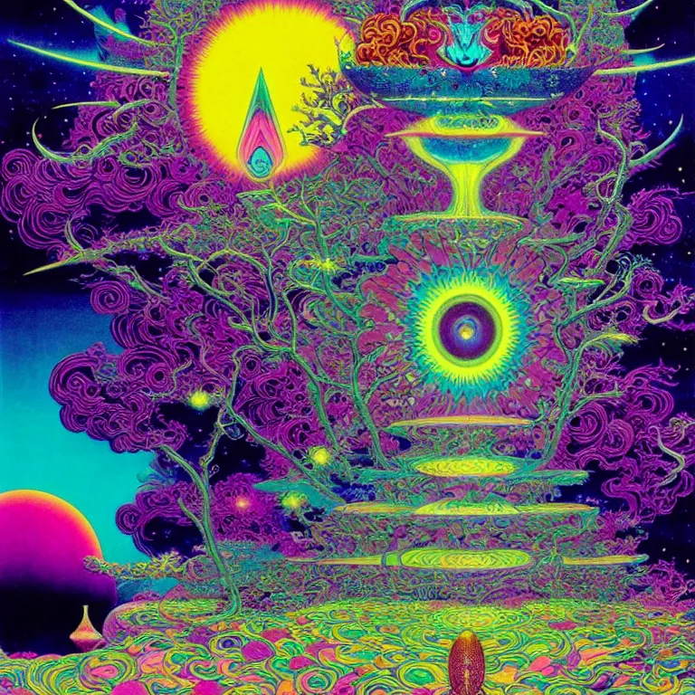 Prompt: cosmic third eye, magical crystal temple, psychedelic waves radiating, infinity, bright neon colors, highly detailed, cinematic, hiroo isono, eyvind earle, philippe druillet, roger dean, lisa frank, aubrey beardsley, ernst haeckel