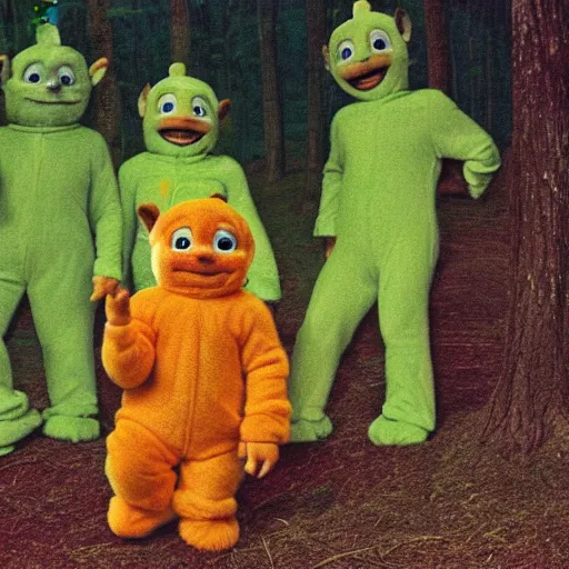 Image similar to photo of feral cryptid sasquatch teletubbies