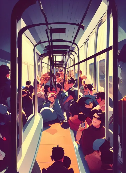 Prompt: a crowd of depressed people riding in a tram, in the style of artgerm, gerald brom, atey ghailan and mike mignola, vibrant colors and hard shadows and strong rim light, plain background, comic cover art, trending on artstation