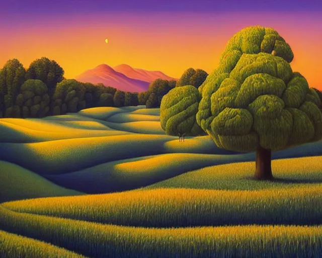 Image similar to a painting of an unimaginably beautiful landscape at golden hour, an ultrafine detailed painting by rafal olbinski, behance contest winner, pop surrealism, detailed painting, very detailed, minimalist, skeuomorphic, airbrush art