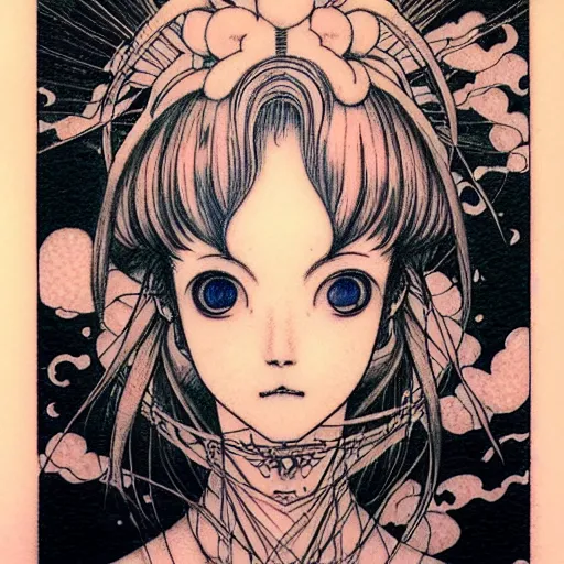 Image similar to prompt: Fragile looking character soft light portrait face drawn by Takato Yamamoto and Katsuhiro Otomo, tattooed face, inspired by Sailor Moon anime, alchemical objects on the side, soft light, intricate detail, intricate gouache painting detail, sharp high detail, manga and anime 2010