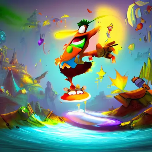 Prompt: rayman legends style painting, rayman, globox, teensie, 2 d characters, 4 k, high detailed, concept art