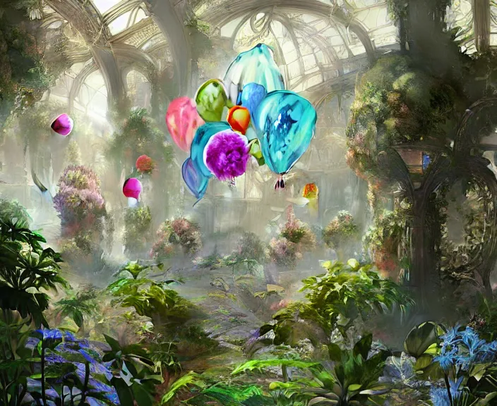 Image similar to transparent clear see - through image of twisting balloons, lush botany, floral environment, ultra realistic, concept art, art nouveau, photorealistic, octane render, 8 k, unreal engine. art by gustave dore and nori inoguchi and sam kaplan and zachary goulko and christopher marley and artgerm and alphonse mucha