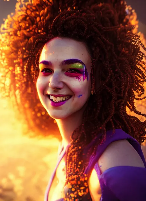 Image similar to an epic fantasy comic book style portrait painting of a girl wearing colorful makeup with a smile and curly brown hair stepping out of a doorway with light shining behind her, unreal 5, daz, hyperrealistic, octane render, cosplay, rpg portrait, dynamic lighting