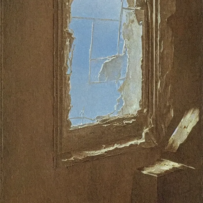 Image similar to painting of a broken window with the bloody hand of a female ghost by caspar david friedrich