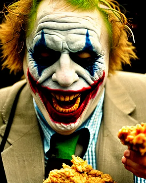 Image similar to film still close - up shot of boris johnson as the joker eating fried chicken from the movie the dark knight. photographic, photography