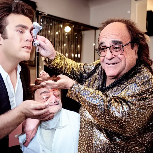 Prompt: handsome influencer wearing a golden crown with shiny and silky long hair getting hair styled with danny devito illuminated by sparkling diamonds, polaroid