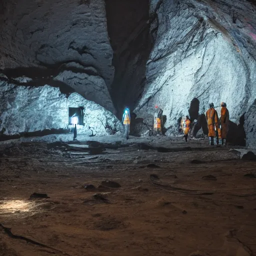 Prompt: People in hazmat suits exploring the deepest parts of a dark pit using flashlights. Gigantic iridescent alien structures can be seen in the distance. Establishing shot, cinematic. 4k ultra hd, film