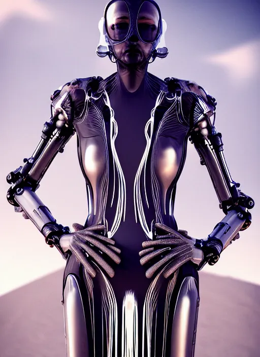 Image similar to desert, catwalk, iris van herpen gothic inflateble dark dress, perfect symmetrical body, helmet on face, full body shot, inflateble shapes, wires, tubes, veins, jellyfish, white biomechanical details, wearing epic bionic cyborg implants, masterpiece, intricate, biopunk, vogue, highly detailed, artstation, concept art, cyberpunk, octane render