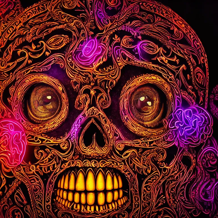 Image similar to a highly detailed photographic render of intricately carved sugar skull, psychedelic, black background, neon light, intricate ornament, gilding, horror, dark fantasy, beautifully lit, ray traced, octane 3D render in the style of Gerald Brom and James Gurney