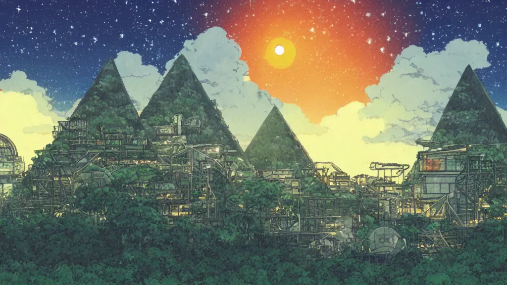 Image similar to a movie still from a studio ghibli film showing a huge industrial mining runoff storage facility and a pyramid under construction in the background, in the rainforest on a misty and starry night. by studio ghibli