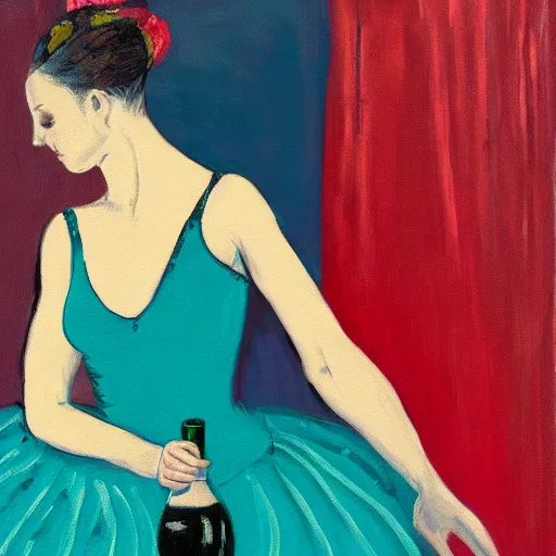 Image similar to painting of a ballerina drinking wine in a teal room, red background