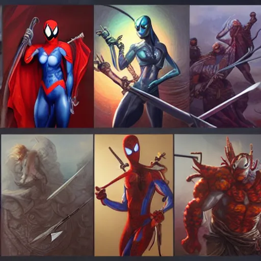 Image similar to anthropomorphic calico spiderman warrior wielding a sword, highly detailed matte fantasy painting, stormy lighting, by ross tran, by artgerm, by lisa frank, by brom, by peter mohrbacher