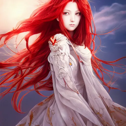 Image similar to a long - red - haired female knight as an absurdly beautiful, elegant, young sensual anime girl, floating in the sky, ultrafine hyperrealistic detailed face illustration by kim jung gi, irakli nadar, intricate linework, sharp focus, bright colors, matte, final fantasy, unreal engine highly rendered, global illumination, radiant light, intricate environment